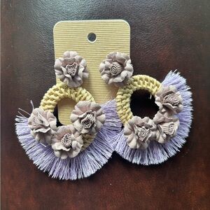 Floral Woven rattan Earrings with Purple Fringe
